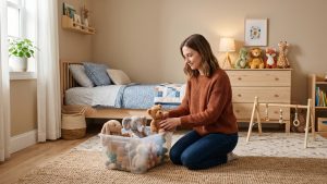 Parent in a tidy Charleston-area child's bedroom sorting a small group of stuffed animals into a clear plastic storage bin while soft natural daylight comes through the window.