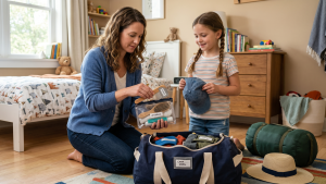 Charleston-area parent zipping a labeled brush and metal comb into a child's camp duffel bag on a sunny bedroom floor next to a rolled sleeping bag and a folded camp hat.