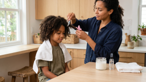 A Charleston-area parent gently sectioning a child's thick curly hair with butterfly clips at a kitchen counter in warm natural light, with a fine metal nit comb and a jar of conditioner on a clean towel beside them.