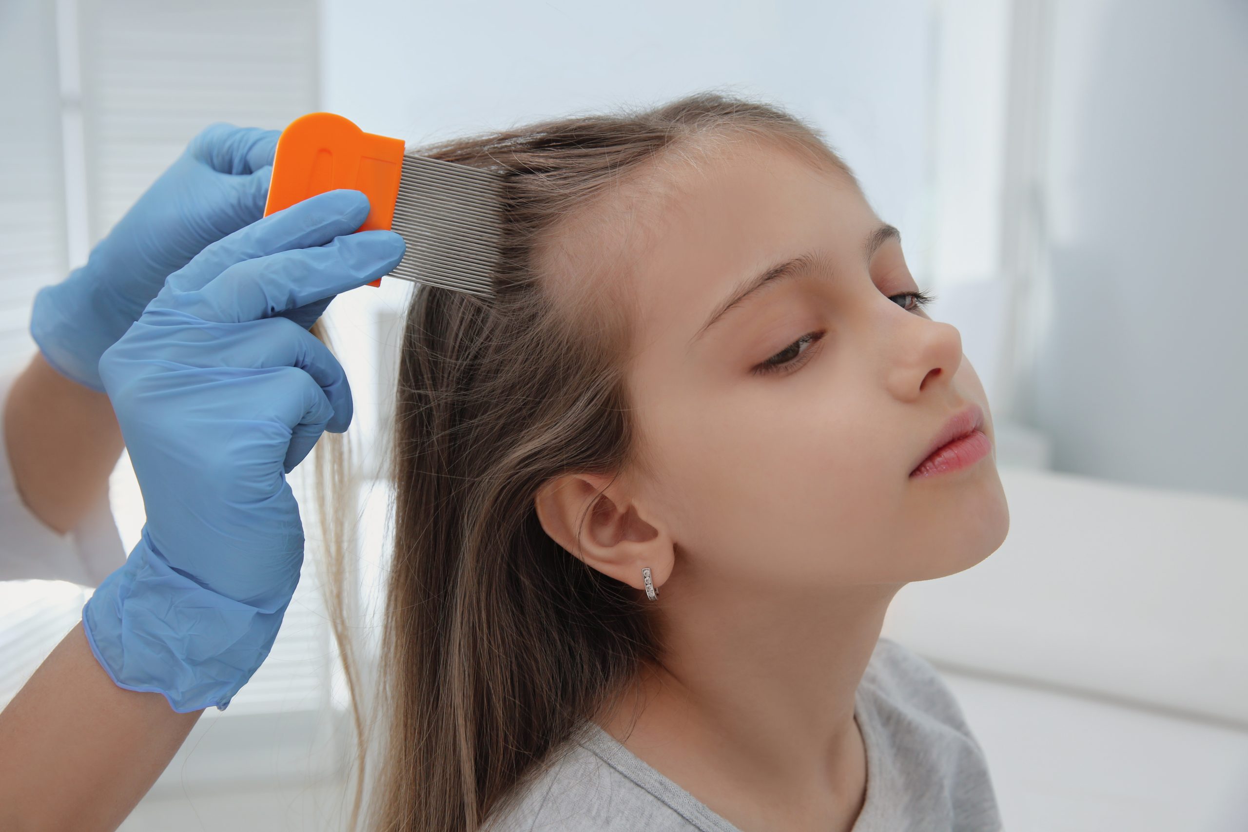 A lice-removal professional using a fine nit comb to check a girl's hair for head lice in a clinic