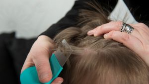 Parent carefully checking a child's hair for head lice section by section under bright light
